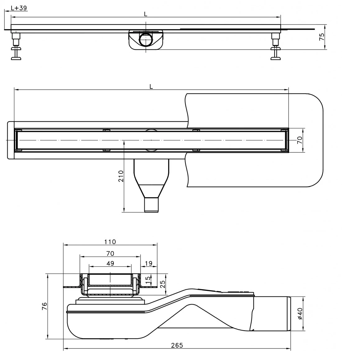 Technical drawing of the Luxdrain STR with channel, flange and trap dimensions
